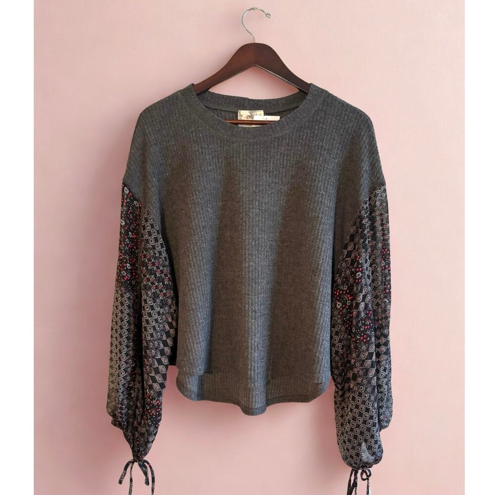 Blu Pepper Womens Boho Knit Top Patterned Balloon Sleeves – Charcoal Gray Size S